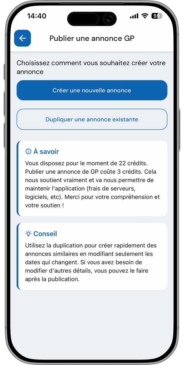 Screenshot of gpma app showing announcement publication page